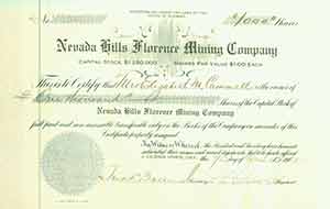 Item #19-7831 Certificate of stock shares: 1000 shares. Nevada Hills Florence Mining Company