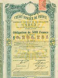 Item #19-7832 Certificate of property loan for 500 Frances. Credit Foncier de France
