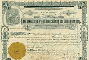 Item #19-7837 Certificate of shares of capital stock. The Creede, Cripple Creek Mining, MIlling...
