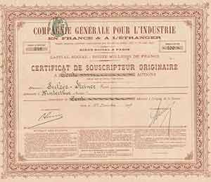 Item #19-7838 Bond certificate. Compagnie Generale pour L’Industrie en France et a. L’Etranger.
