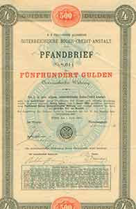 Item #19-7839 Bond certificate, five hundred guilders. Osterreichische Boden-Credit-Anstalt