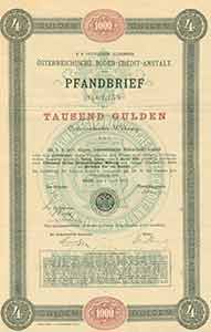 Item #19-7840 Bond certificate, one thousand guilders. Osterreichische Boden-Credit-Anstalt.