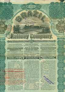 Item #19-7845 Certificate of share, 4,9000,000 Ptas. Brazil Railway Company