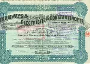 Item #19-7848 Certificate of share. Tramways, Electricite de Constantinople