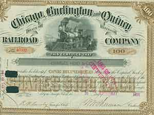 Item #19-7849 Certificate of share. Burlington Chicago, Quincy Railroad Company