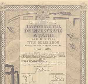 Item #19-7850 Domestic Loan Certificate, 2000 lei. The Kingdom of Romania
