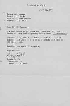 Item #19-7920 Signed letter from George Hatch, assistant to book collector Frederick R. Koch of...