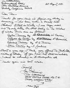 Item #19-7926 Signed letter from Jim Lieurance to Thomas Goldwasser of Serendipity Books. Jim...