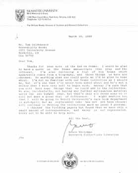 Item #19-7927 Signed letter from Bruce Whiteman, Research Collections Librarian to Thomas...