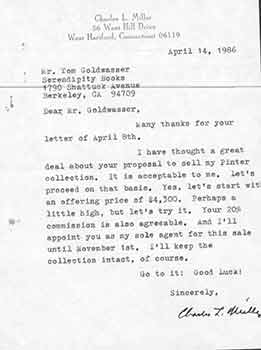 Item #19-7929 Signed letter from Charles L. Miller to Thomas Goldwasser of Serendipity Books....