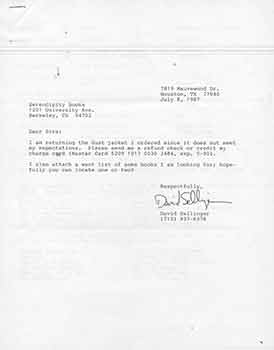 Item #19-7930 Signed letter from David Sellinger to Thomas Goldwasser of Serendipity Books. David Sellinger.