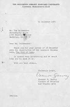 Item #19-7935 Signed letter from Eleanor M. Garvey of Harvard University to Thomas Goldwasser of Serendipity Books. Eleanor M. Garvey/The Houghton Library Harvard University.