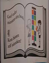 Item #19-9147 Geef vader minstens een boek. Kom binnen zelf uitzoeken! (Exhibition Poster). 20th Century Dutch Artist.
