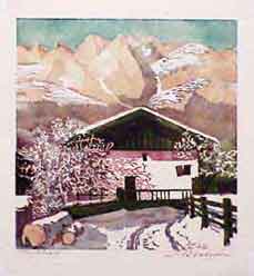 Item #50-0247 Alpine scene with house. Unidentified handdruck artist
