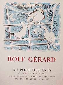 Item #50-0878 Three pigeons in a blue background [poster]. Rolf Gérard