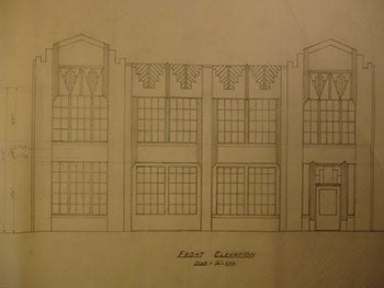 Item #50-1634 Building Plans and Elevation for a Proposed Building for Perfection Curtain Cleaners on 14th St., San Francisco. James H. Hjul.