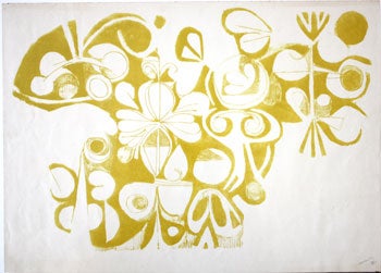 Item #51-0250 Yellow lithograph with floral motifs in a collage style. Hayward Ellis King, 1928 - 1990.