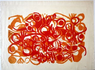 Item #51-0252 Red and Orange lithograph with floral motifs in a collage style. Hayward Ellis...