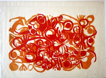 Item #51-0252 Red and Orange lithograph with floral motifs in a collage style. Hayward Ellis King, 1928 - 1990.