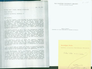 Item #51-0381 Appraisal and correspondence relative to the Denise Levertov Archive acquired by Stanford University. Peter B. Howard, Michael T. Ryan.