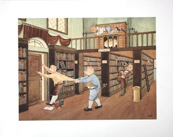 Item #51-0413 Pilferers will be Roasted. [Anthropomorphic pigs stealing books in the library ]. K. Hewitt.