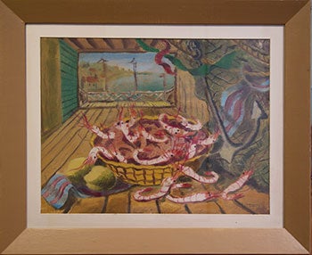 Item #51-0494 Basket of Crayfish on a Table Overlooking the Bay. Vicente Manzorro.