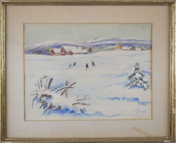 Shenfil, Maurice - Winter Scene with Children Skaitng and Barns and Mountains in Background