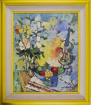 Item #51-0534 Still Life with Flowers and Guitar. Jean-Claude Mayodon