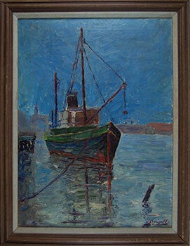 Item #51-0535 Fishing Boat in San Francisco Harbor with Ferry Building in background. Norvel