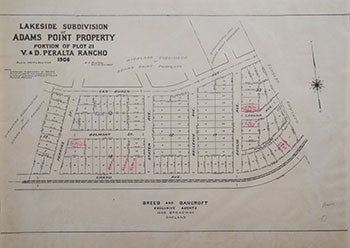 Item #51-0553 Map of Lakeside Subdivision of Adams Point Property, Portion of Plot 21 V.& D. Peralta Rancho, 1906. Oakland, CA. Breed and Bancroft.
