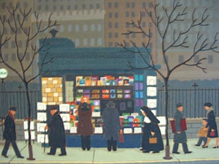 Item #51-0603 Kiosk with Magazines, Pedestrians and Subway logo [New York City]. John Payne