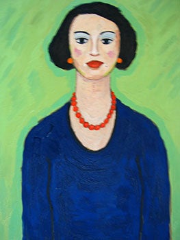 Item #51-0611 Lady in Blue Dress with Red Necklace and Orange Earrings. John Payne