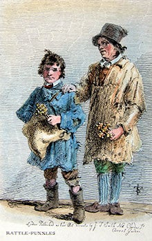 Item #51-0787 Father and Son selling Rattle-Puzzles, from Etchings of Remarkable Beggars, Itinerant Traders, and Other Persons of Notoriety in London and Its Environs. John Thomas 'Antiquity' Smith.