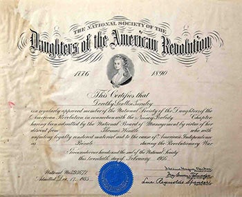Item #51-0959 Dorothy Scallin Turnley. Memberhip certificate for the Daughters of the American Revolution. Florence Hague. President DAR Becker.