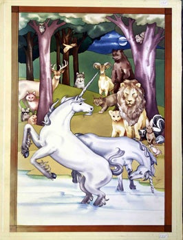 Item #51-1002 Two Unicorns with Jungle Animals. Cathy Pavia