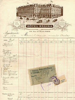 Item #51-1039 Letterhead Facture from 1932. Paris Hôtel Regina