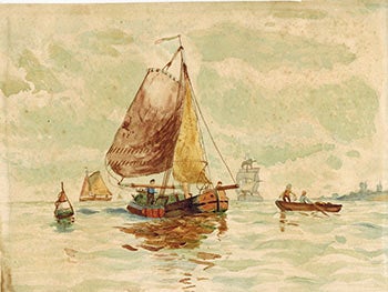 Truscoff, Eveline - Various Boats and Mariners Near Land with Windmills