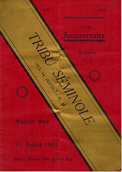 Item #51-1069 Menu for the Tribu Séminole's 25th anniversary 1883-1908 at...
