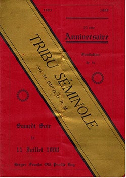 Item #51-1069 Menu for the Tribu Séminole's 25th anniversary 1883-1908 at Bergez-Frank's Old...