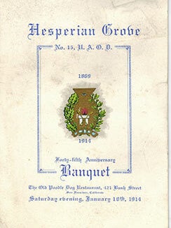 Item #51-1076 Menu for the Hesperian Grove's 45th Anniversary 1869-1914, at...