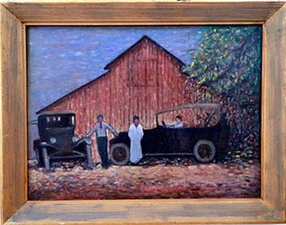 Item #51-1231 Barn in St. Paul with two figures and two1930s automobiles. André Boratko,...