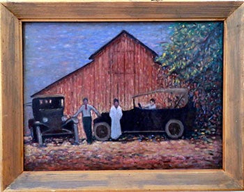 Item #51-1231 Barn in St. Paul with two figures and two1930s automobiles. André Boratko, 1912 - 1990.