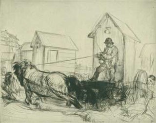 Item #51-1356 Ostend Bathing Machine [being pulled by a horse]. Edmund Blampied, 1886–1966