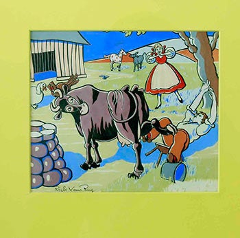 Item #51-1471 Bo-Peep's Milk Cow kicking the Milker off his Stool. Oskar Hauenstein, "Rick Van Rey", born 1883.