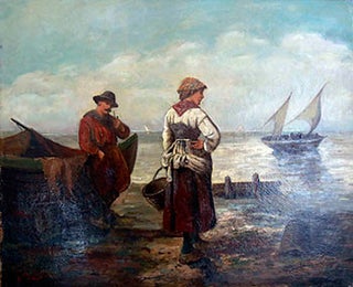 Item #51-1475 Fisherman with a Pipe and Woman with a Basket at the Shore. (Sicilian Strandscene)....