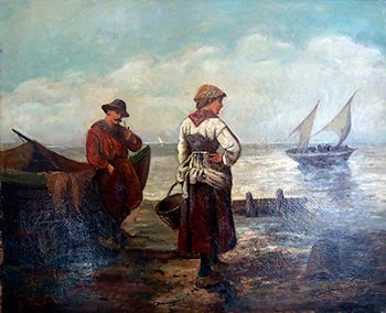 Item #51-1475 Fisherman with a Pipe and Woman with a Basket at the Shore. (Sicilian Strandscene). H. La Croix.