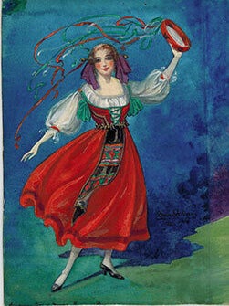 Item #51-1501 Young Woman Lady in an elaborate floral dress and ribbons holding a Tambourine....