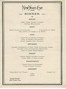 Item #51-1509 Menu for New Year's Eve 1918. Bergez-Frank's Old Poodle Dog Restaurant