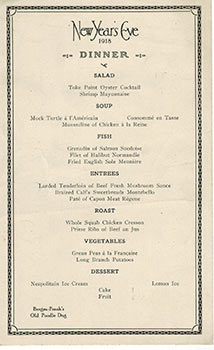 Item #51-1509 Menu for New Year's Eve 1918. Bergez-Frank's Old Poodle Dog Restaurant.