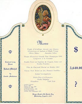 Item #51-1514 Menu for Robert Mitchell by Camille Mailhebuau at Bergez-Frank's Old Poodle Dog Restaurant in 1917 with a knight stabbing a dragon. Bergez-Frank's Old Poodle Dog Restaurant.